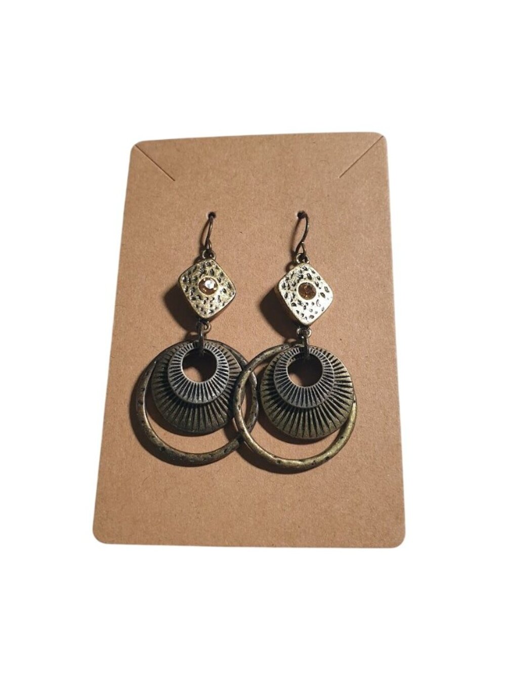 Boho Beach Core Gold Tone Drop Dangle Earrings Textured Crystal Embellished Gift